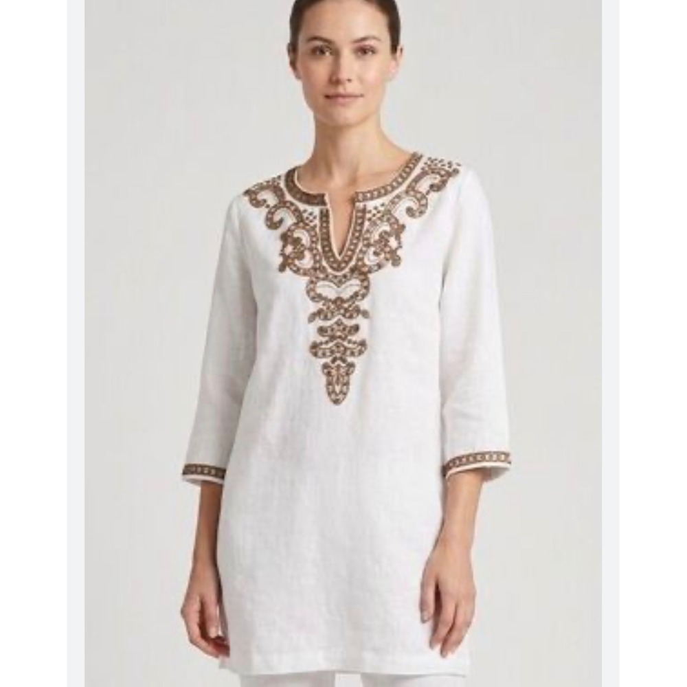 Chico's 100% Linen Beaded Tunic Top White‎ Boho Beach Cover Up Size 1 Medium